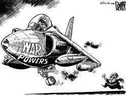 Cartoon of a military plane labeled 'war powers'