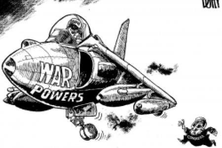 Cartoon of a military plane labeled 'war powers'
